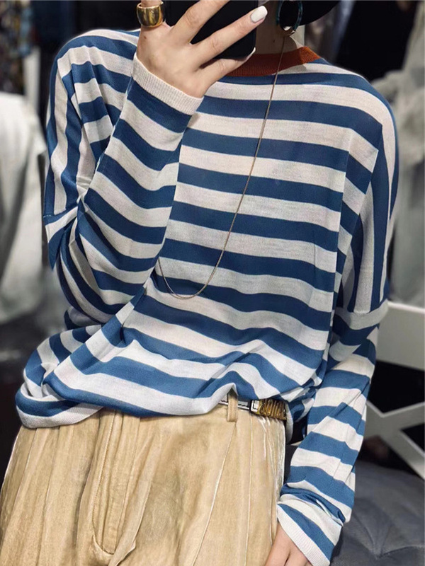 Faye Wong's 100 Pure Cotton Sweater Women's Blue and White Striped Knit Sweater Loose Outer Wear Thin Base Shirt Top