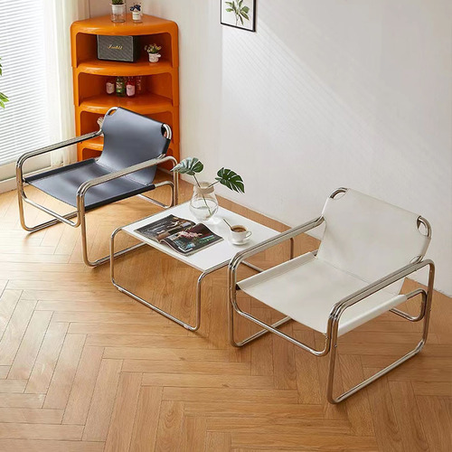 Medieval single sofa chair designer Bauhaus casual simple stainless steel saddle leather milk tea coffee shop light luxury