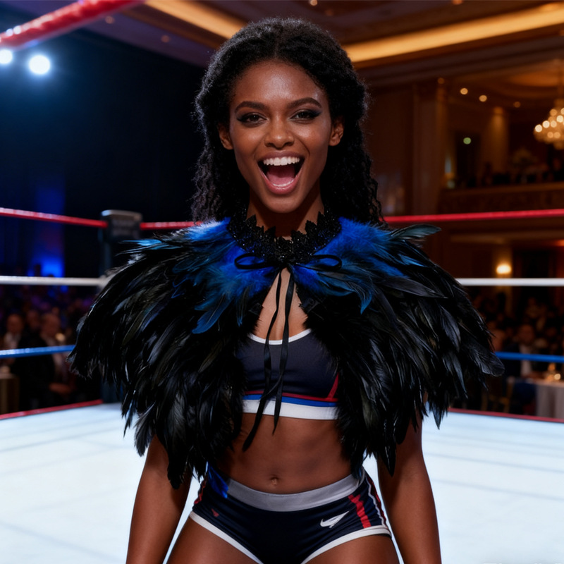 Challas de plumas, capa de lucha libre, baile de baile, chaleco de plumas, cuello falso, bib, capa de plumas gruesas, amazonas