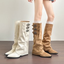 澜柜~ 尖头内增高裤管靴女皮带扣白色不过膝长筒靴坡跟骑士靴