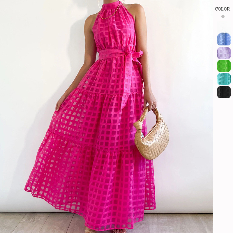 2026 European and American Summer New Style Casual High-End Sleeveless Waist-Cinching Flared Gentle Style Long Dress for Women