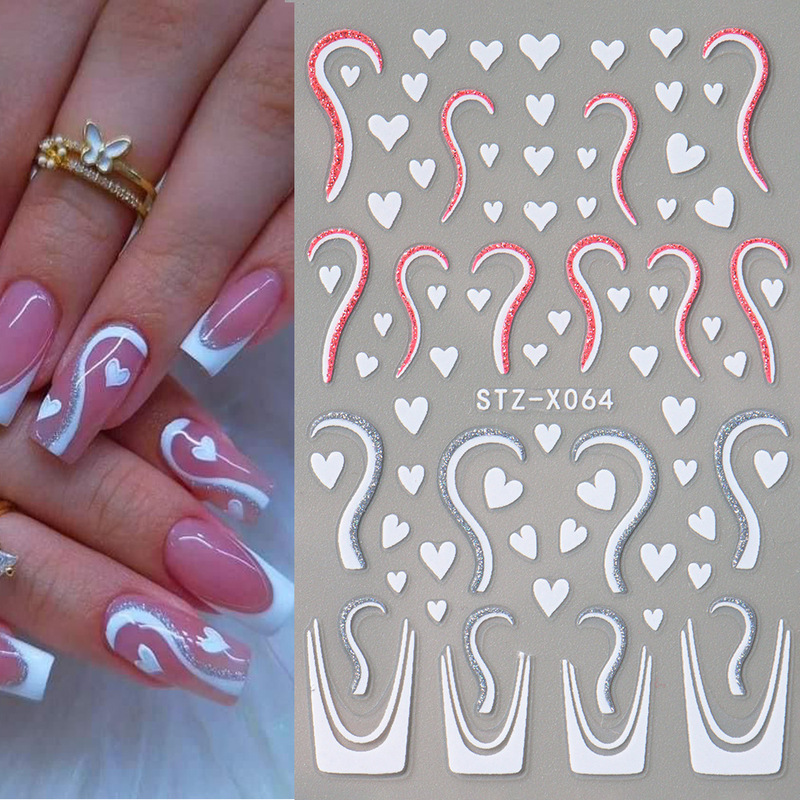 Cross-border New Nail Art Stickers Valentine's Day Black and White Love French Smile Irregular Lines Silver Onion Nail Stickers