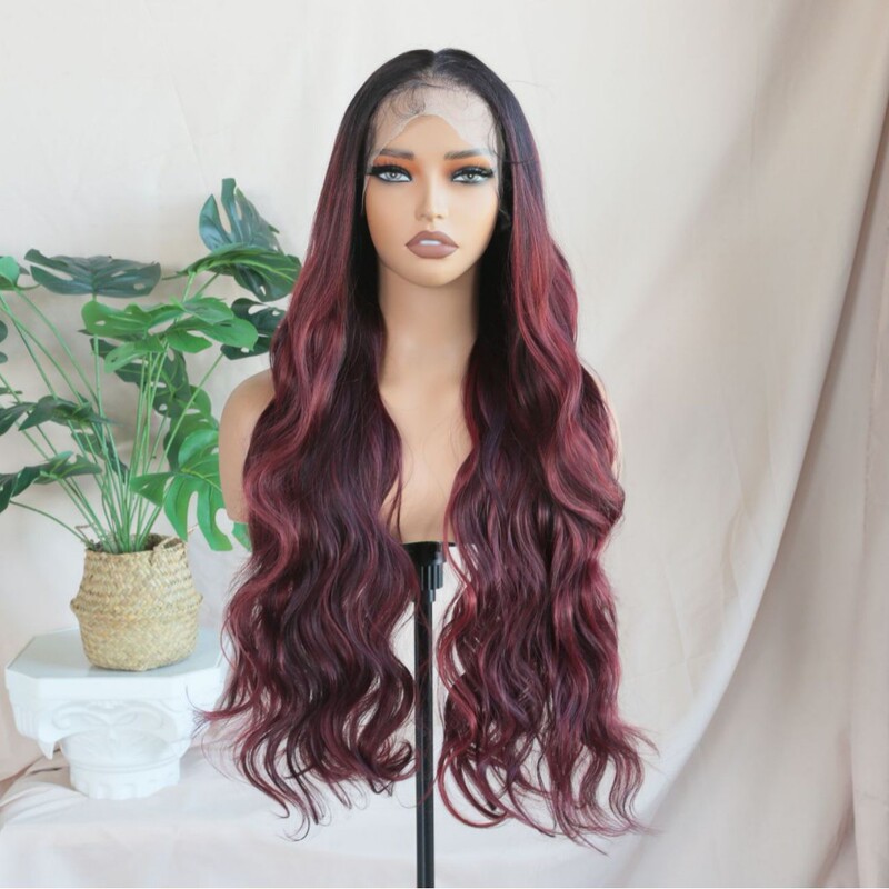 6*13 Front Lace Wavy Long Curly Hair 28inch Gradient Red High Temperature Resistant Wig Suitable for Beginners