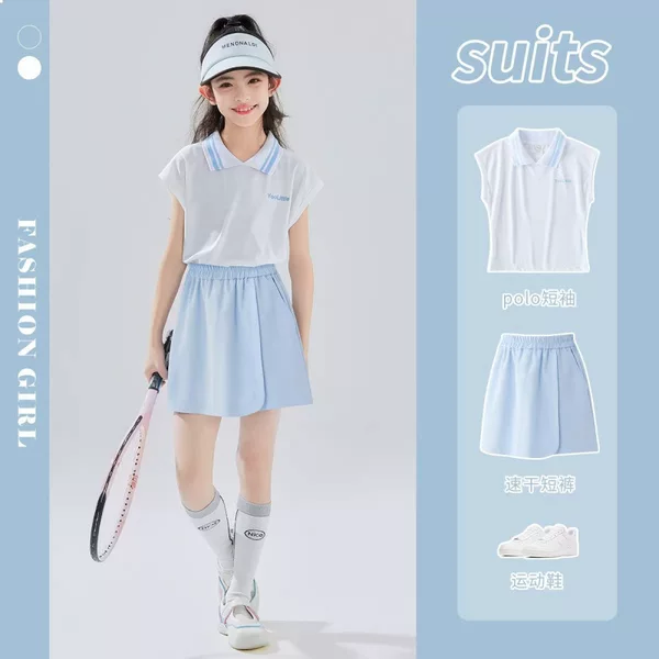 Children's Clothing Girls Summer Suit 2026 New Style Sleeveless Lapel Top Ice Silk Skirt Pants Girls Tennis Suit Two-Piece Set
