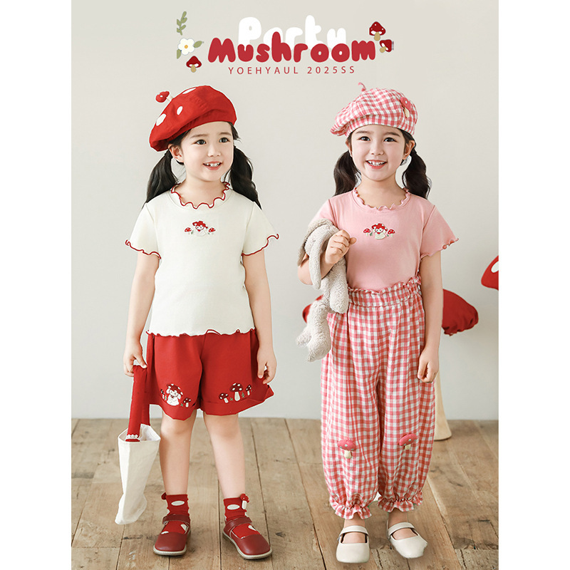 Wulibuyi Girls' Mushroom Bunny Embroidered T-Shirt 2026 Summer Children's Cute Lace Casual Top