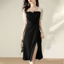时尚24夏季新款赫本法式显瘦小黑裙A字裙不规则拼接收腰连衣裙