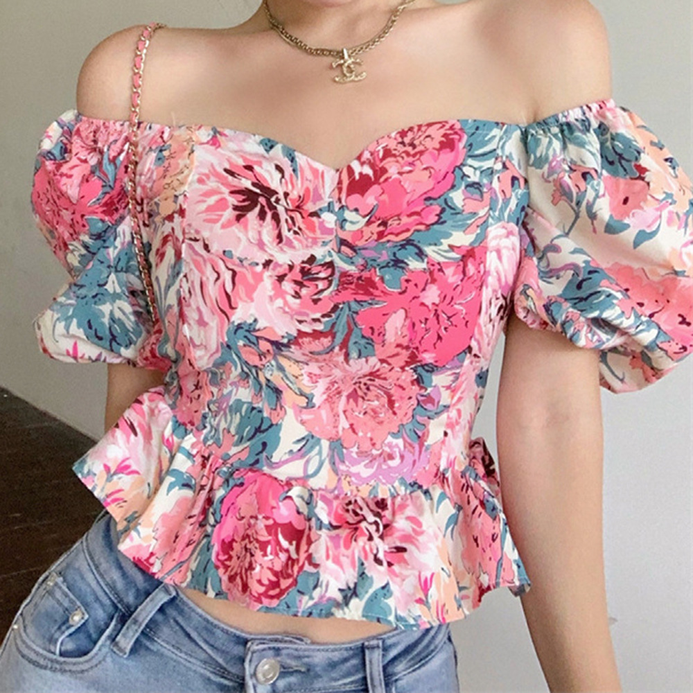 Backless Puff Sleeves One-Shoulder Lace-Up Floral Top NSJR113951