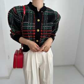 韩国东大门秋冬气质圆领纽扣拼色格纹宽松百搭毛衣外套女半高领