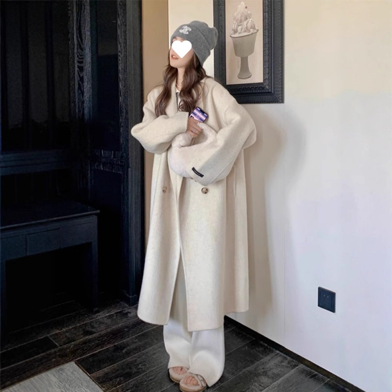 Off-White Double-Sided Velvet Outwear for Women over the Knee 2025 Autumn and Winter New Cocoon-Shaped Korean Style Gentle Style Woolen Outwear