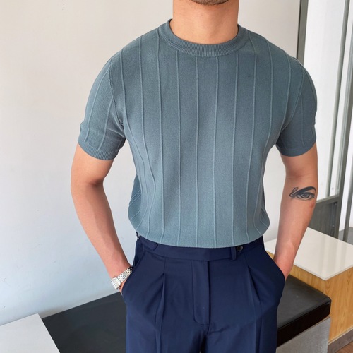 Summer round neck short sleeve t-shirt ice silk knit men's thin item Korean style light mature bottom shirt casual top