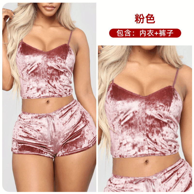 Comercio exterior transfronterizo sexy Lencería europea y americana terciopelo dorado sexy pantalones cortos de la Liga de las mujeres pijamas conjunto de dos piezas T1797