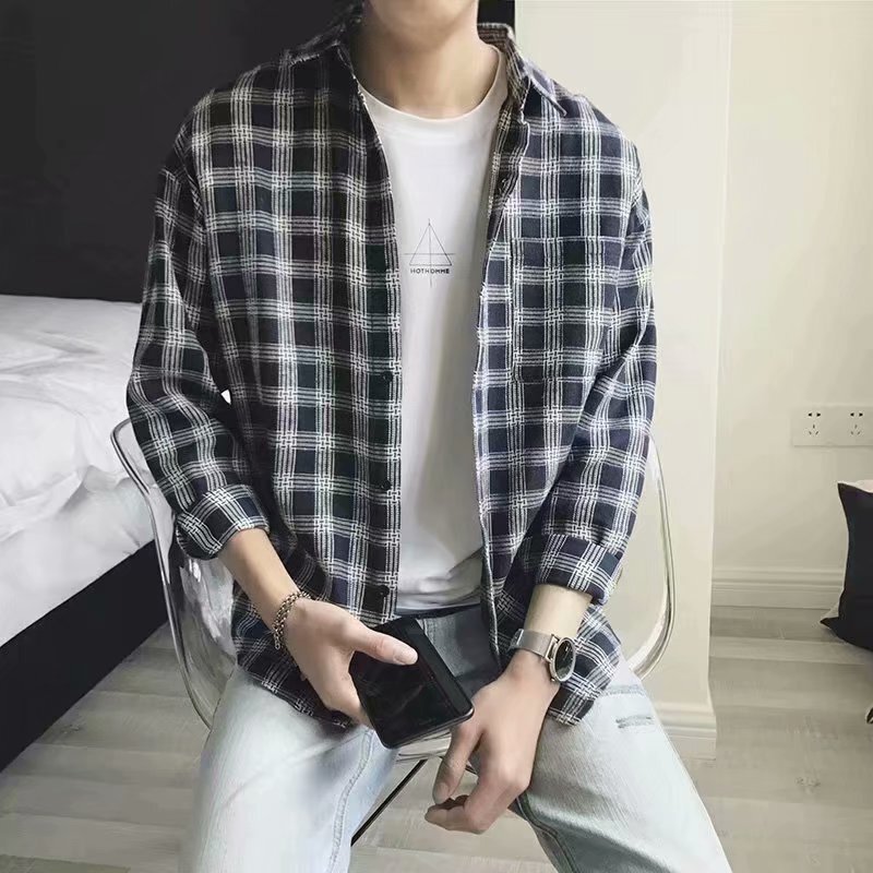 Spring and Summer Plaid Shirt Men's Long-sleeved Korean Fashionable Loose Casual Hong Kong Style Shirt for Students and Teenagers
