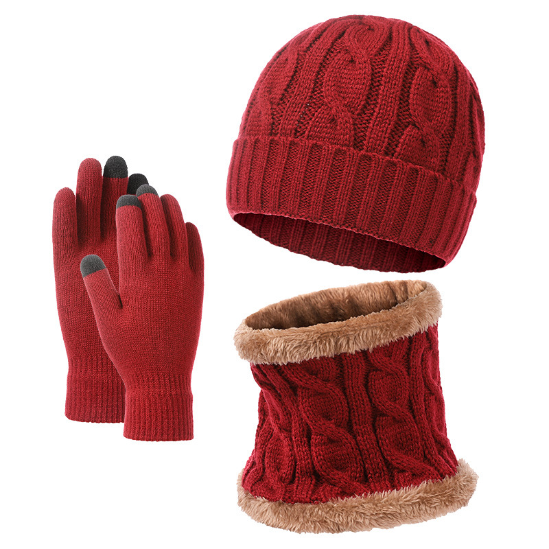 Warme Strickmütze, Latzhandschuhe, dreiteiliges Set aus dicker Wollmütze für Herren im Herbst und Winter_voghion.com