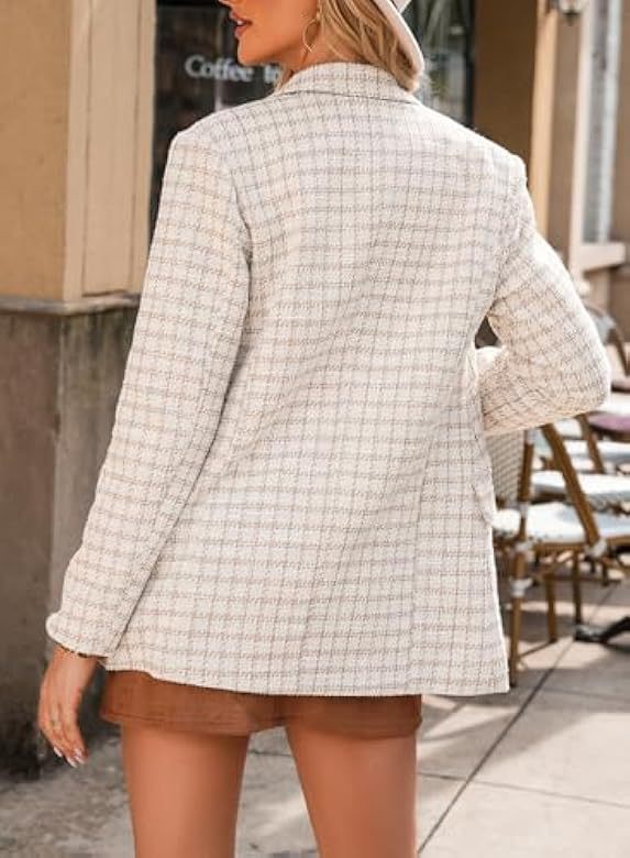 Women's Tweed Blazer Jacket Double Breasted Plaid Workwear_voghion.com