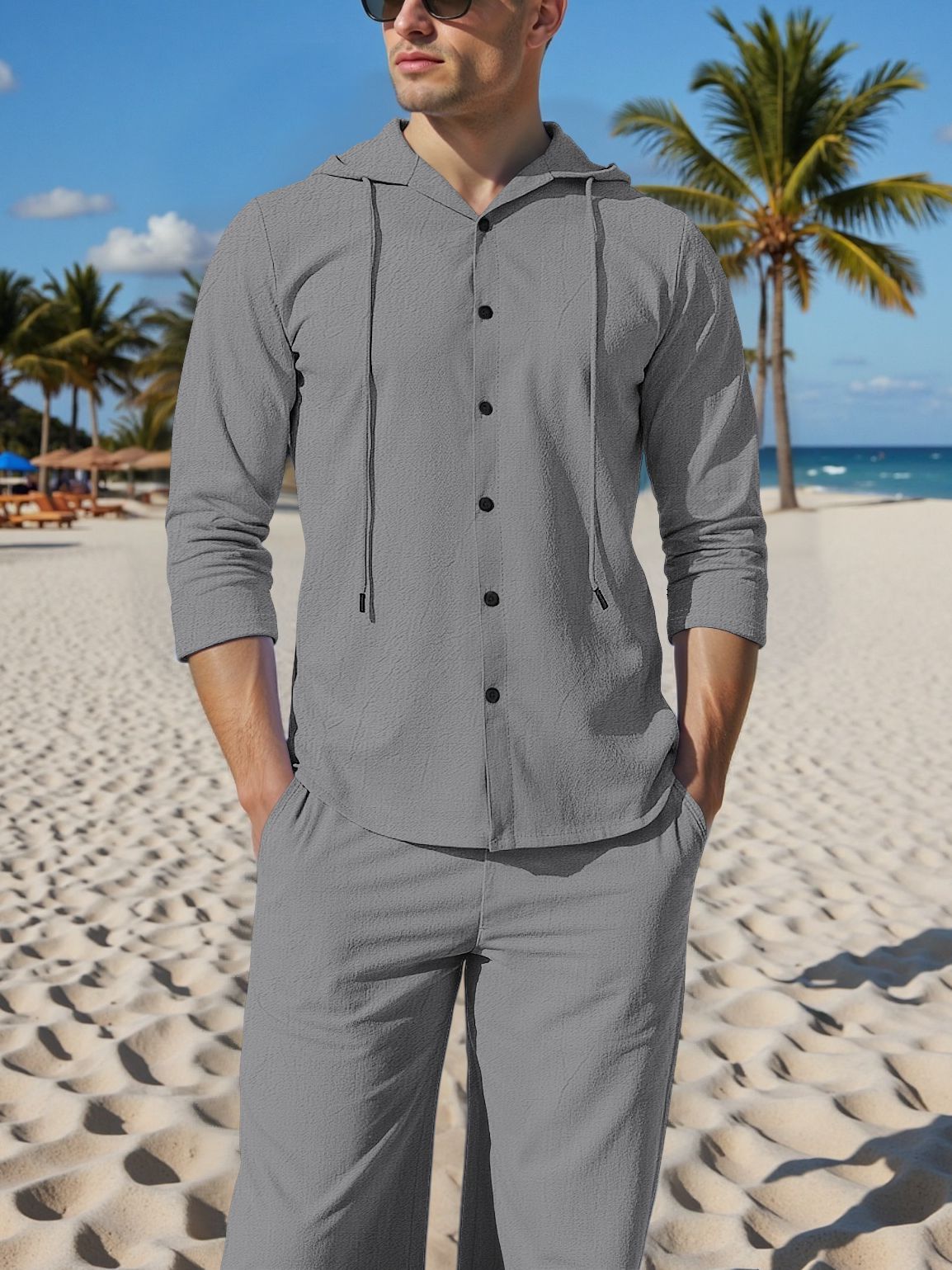 Men's Linen Hooded Shirt & Pants Set - Relaxed Fit Casual Outfit For Spring & Autumn (Beige/Gray, S-XXL) | Breathable Natural Fiber Lounge Wear_voghion.com