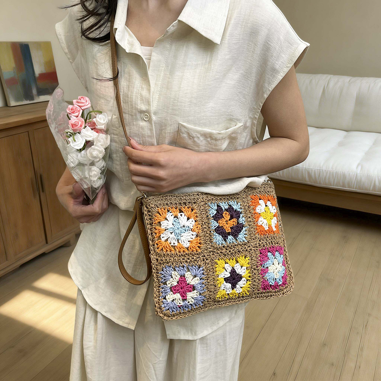 Casual vacaciones tejido bolso de hombro para mujeres 2026 nueva moda personalidad bolso pequeño diario tejido de paja plegable bolso