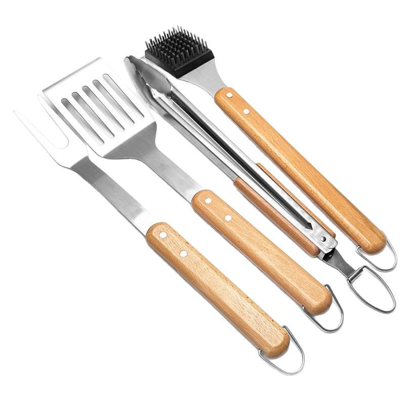 Amazon Spot Juego de herramientas de barbacoa de acero inoxidable BBQ al aire libre mango de haya pala tenedor combinación pinza juego de 4 piezas