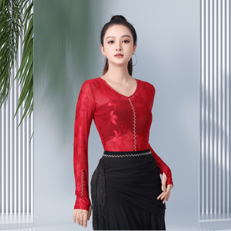 Jitterba Women's New V-neck Mesh Jacquard Long-sleeved Slim-fit Top Square Dance Latin Dance Fashion Shirt