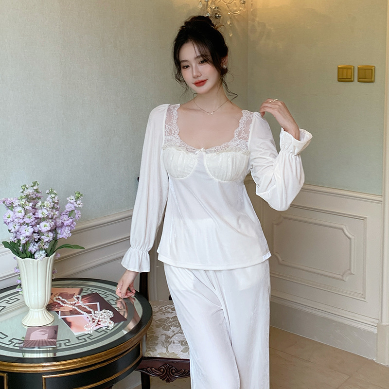 法式新款秋冬高级感带胸垫睡衣甜美丝绒家居服套装可外穿女士|undefined