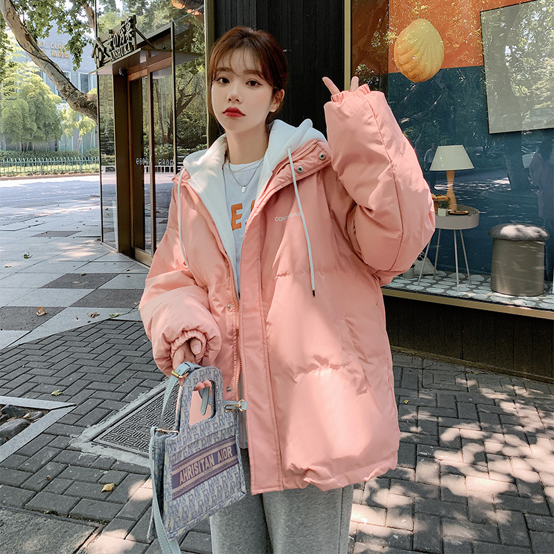 새해맞이 짧은 후드 다운 패딩 여성복 한국 스타일 루즈핏 큰 사이즈 투피스 스타일 패딩 재킷 두꺼운 겨울 코트