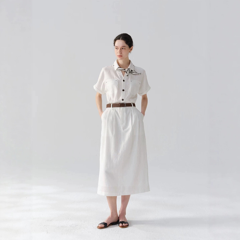 Chalamon Lyocell Linen V-Neck Workwear Style Short Sleeve Shirt Dress Women's Summer Waist-Cinching Dress