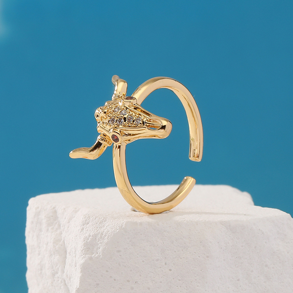 Fashion Bull Head Copper Gold Plated Zircon Open Ring display picture 6