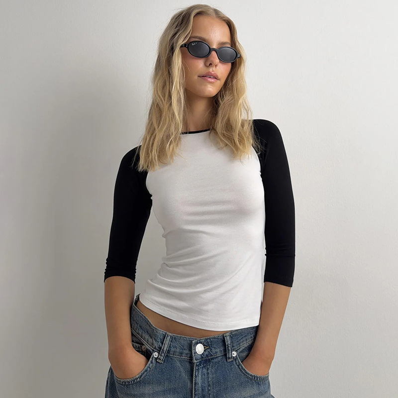 Y26Tp290 European and American Style Cross-Border Women's Clothing Summer New Fashion High-End Round Neck Color-Blocking Three-Quarter Sleeve T-Shirt Top