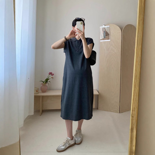 Fashionable Maternity Wear Korean Retro Polo Lapel Half-Button Maternity Skirt Elegant Casual Trendy Mom Short-Sleeved Dress
