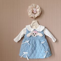 2025深秋新品女童加棉保暖蓝色棉服裙两件套小清新狗狗背心裙套装