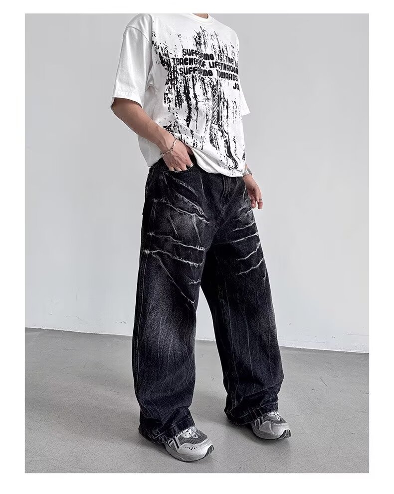 American Style Rivet Lightning Denim Jeans For Men And Women, Wide-Legged Distressed Wash Vintage Drop-Crotch Trousers, Trendy Streetwear Design_mkmklike.com