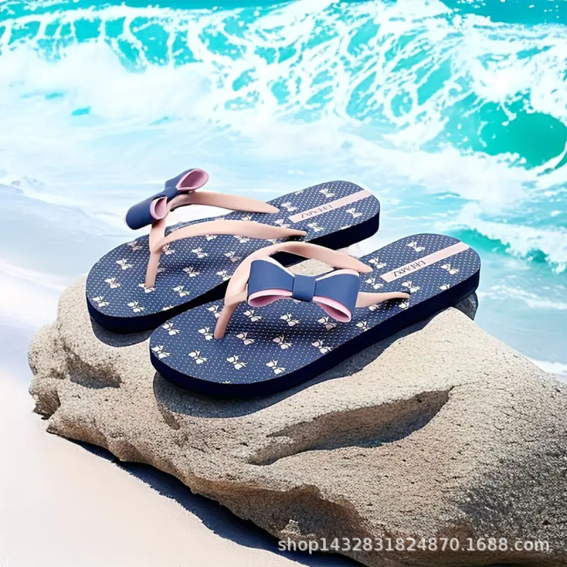 Women's Fashionable Bow-Knot Slippers, Breathable Summer Non-Slip Beach Flip-Flops, Rubber Sole, Cute Printed Thick Sole