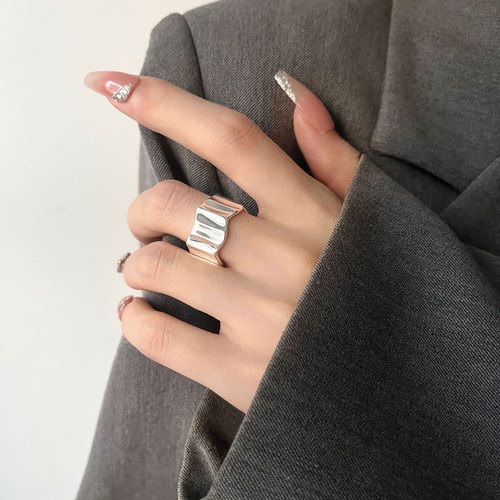 GanJia S925 Pure Silver Wide Wave Ring Unisex Band Neutral Style Personality Super A Niche Index Finger Accessory Trend