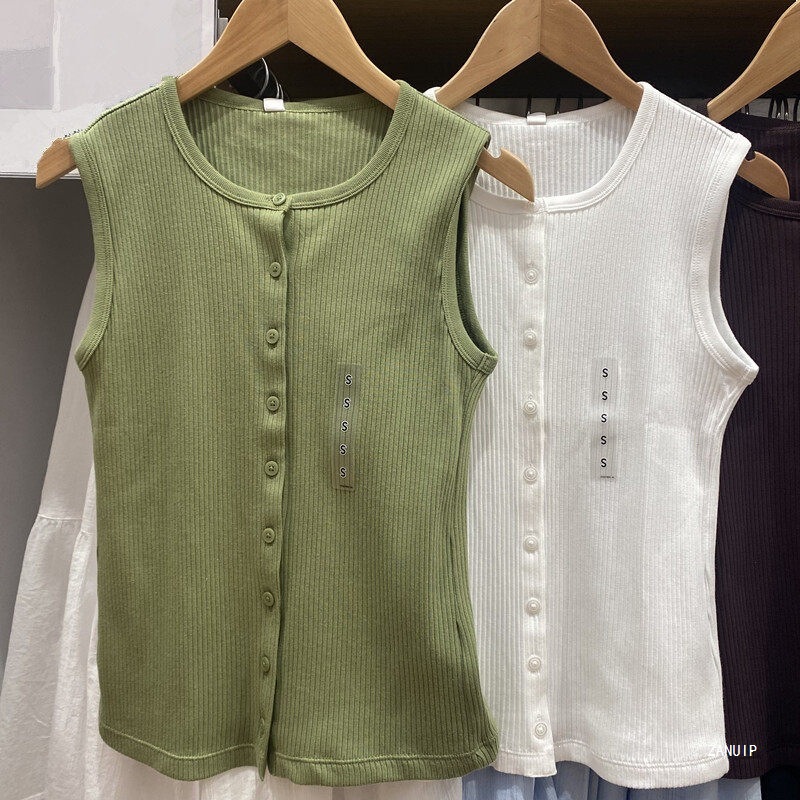 2026 Spring and Summer New Women's Slimming Vest Sleeveless Cardigan Buttoned Round Neck Suspender Bottoming Shirt 484226 White