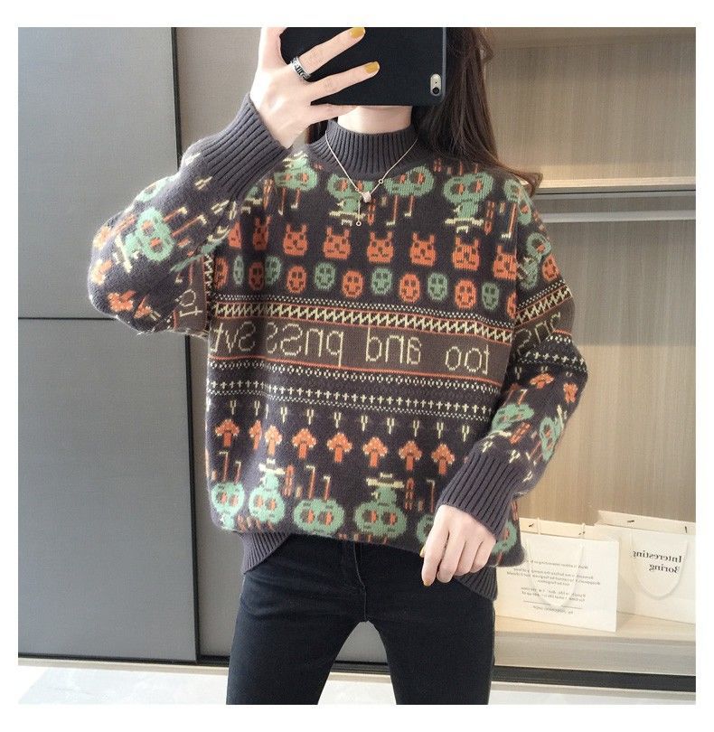 【 Cashmere Family】 Maglione da donna in maglia spessa con cappuccio, collo alto e corto, base in lana larga_voghion.com