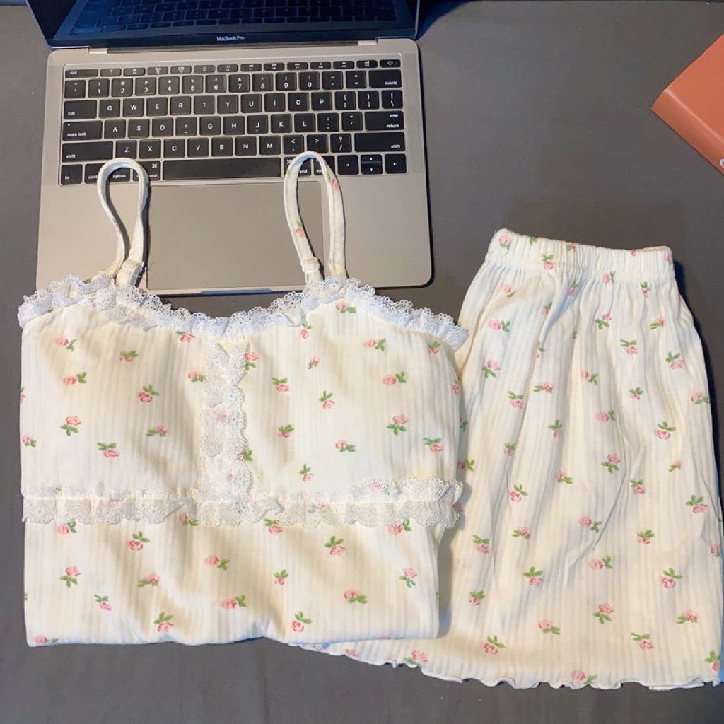 Sling Pajamas Girl's Ins Style Pure Desire Style Japanese Style Girl's Korean Style Solid Color Sweet Vest Home Clothes with Chest Pad