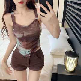 性感辣妹吊带小背心女夏不规则短款印花上衣绑带紧身露背打底小衫