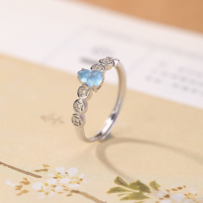 Nhẫn bạc S925 đính đá Aquamarine hình hồ lô phong thủy họa tiết đồng xu chiêu tài, dáng mở điều chỉnh — Một cái