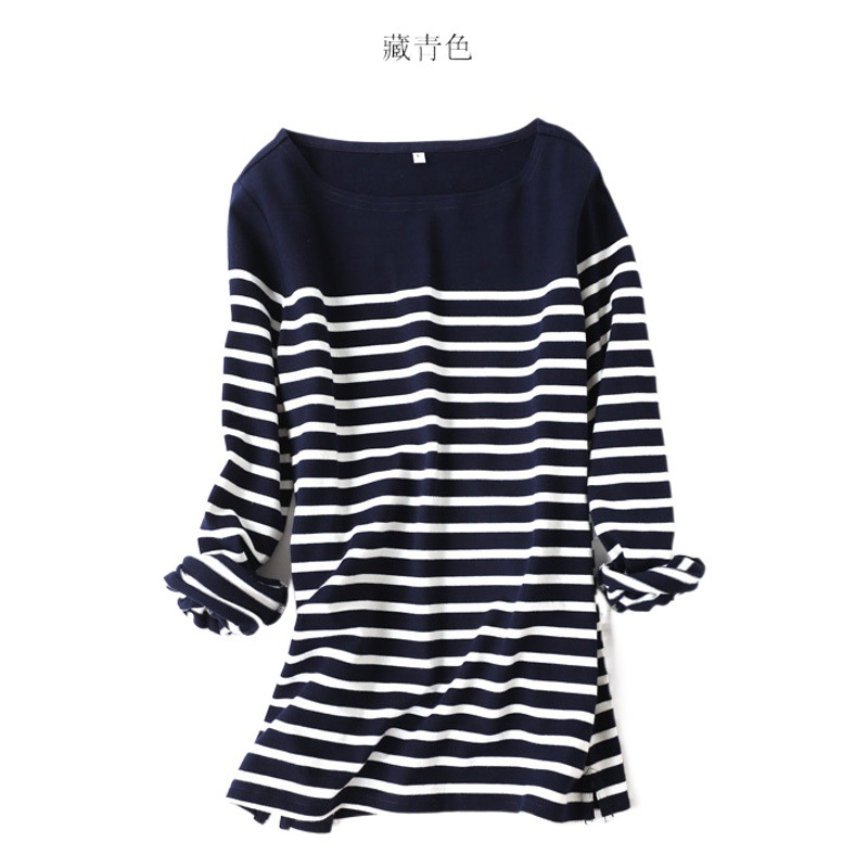 輸出日単厚実新疆綿一字丸襟基本金縞長袖tシャツ底シャツ女