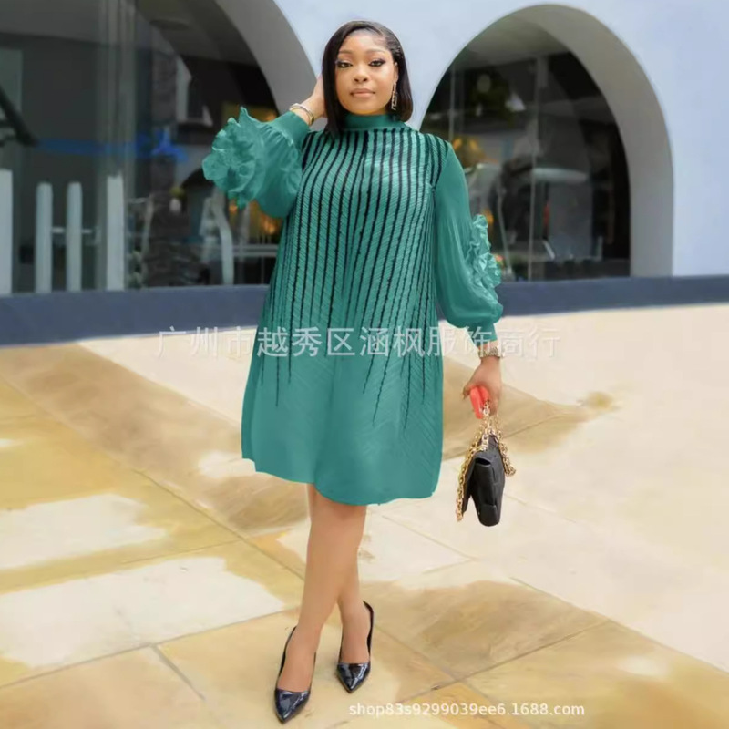 Miyake dress Cross-border New Miyake Pleated Line Printed Collar Hand-shake Flower Long-sleeved Round Neck dress Women Miyake dress Cross-border New Miyake Pleated Line Printed Collar Hand-shake Flower Long-sleeved Round Neck dress Women