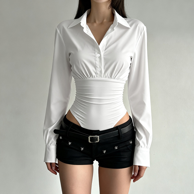 New Elegant Style Commuter Polo Shirt European and American Cross-Border Slimming Look Pure Color Design Splicing Jumpsuit