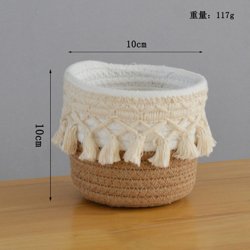 Ins風編み化粧ブラシバケツ筆筒製物置かご手作り綿ロープ家庭用デスクトップ雑物整理収納かご|undefined