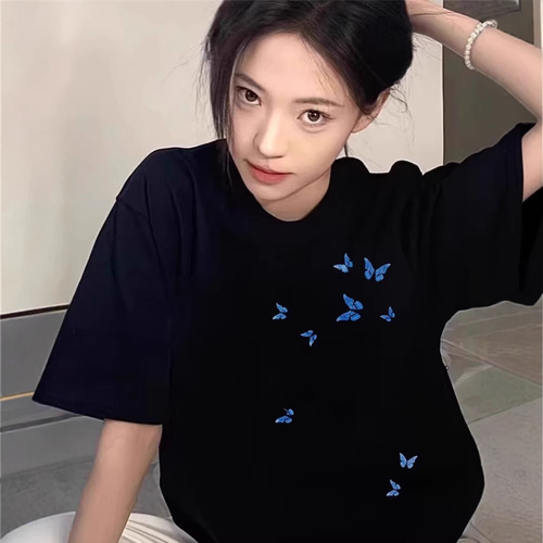 2025 Summer New Japanese Style Butterfly Print Women's Short-Sleeve T-Shirt Bestselling Casual Round Neck Loose Long-Sleeve Ins
