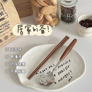 【Yuanjin Bamboo Wood】Ins Popular Style Chicken Wing Wood Handle Stainless Steel Spoon Convenient Chopsticks Cutlery Gift Box