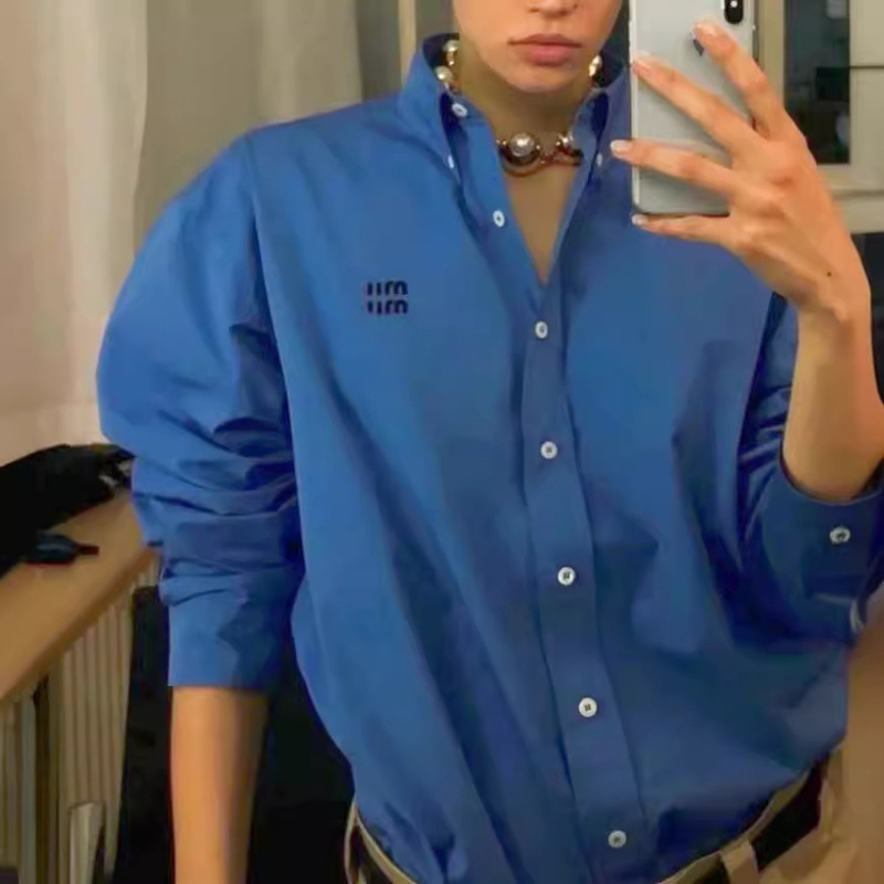 Nanyou High-Quality Original Standard New Miu Celebrity Internet Celebrity Embroidered Logo Men's and Women's Long-Sleeved Blue Poplin Shirt