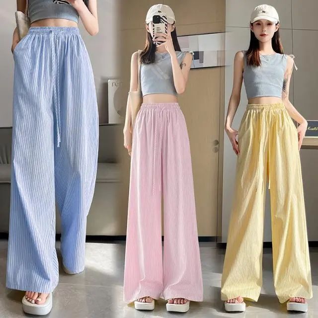 [Exclusively for Southeast Asia] Women's Blue Vertical Striped Wide-Leg Pants, Autumn Straight-Leg Loose Casual Floor-Length Pants, Trendy