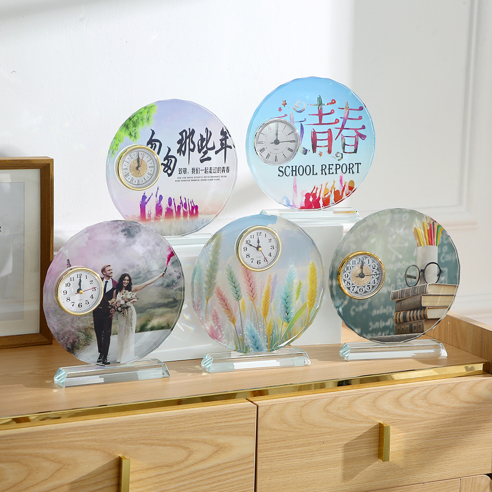 水晶太阳花彩印钟表跨境水晶摆件致青春毕业庆典纪念水晶工艺品