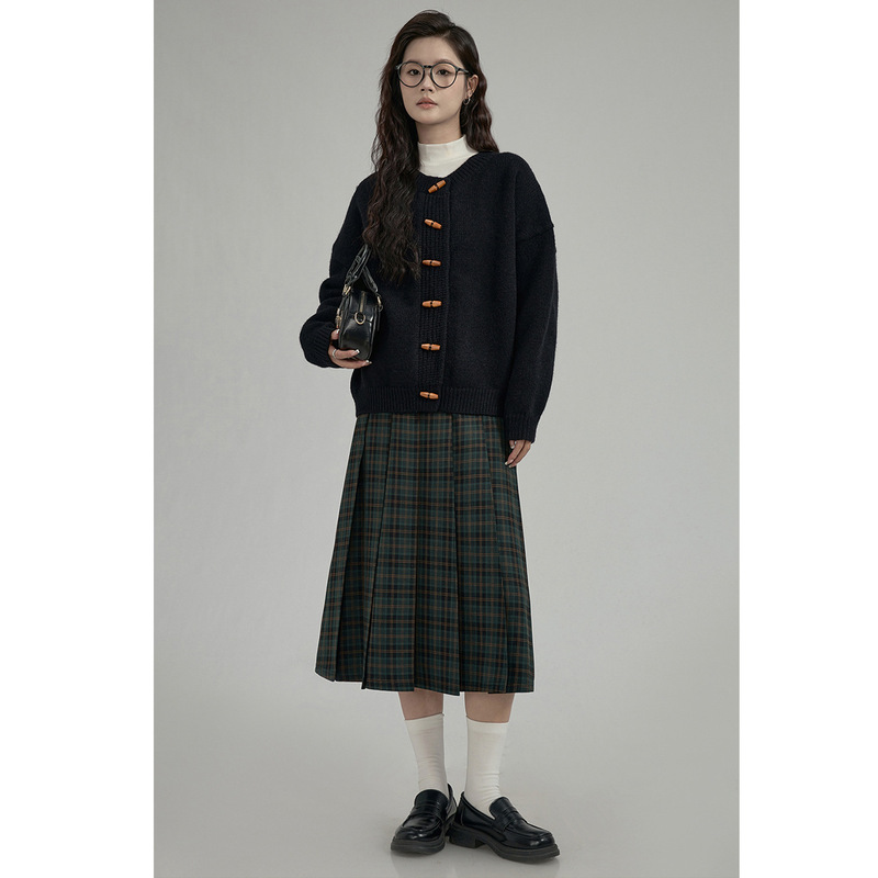 「HUIXI」学院风格子半身裙女2025年冬季款高腰显瘦百褶a字长裙子|undefined