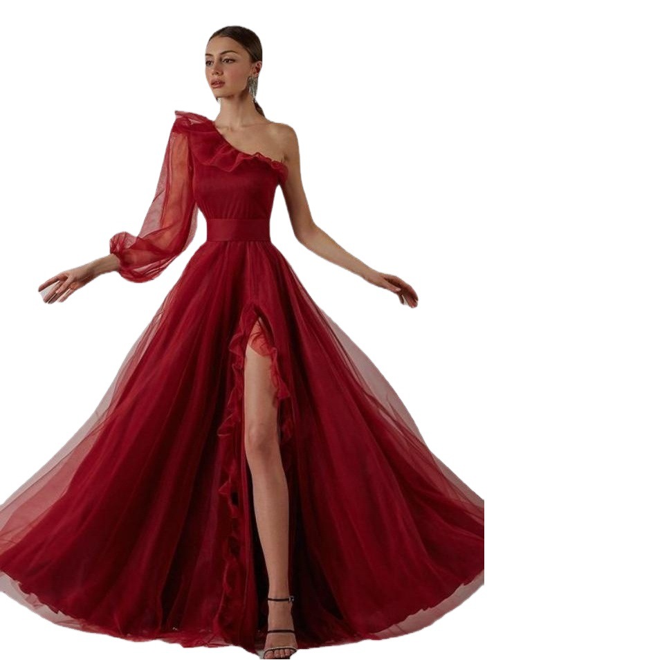 Vestido de noche de pasarela con abertura y un solo hombro, estilo europeo y americano, sexy, de manga larga, novedad de verano 2026 image 1