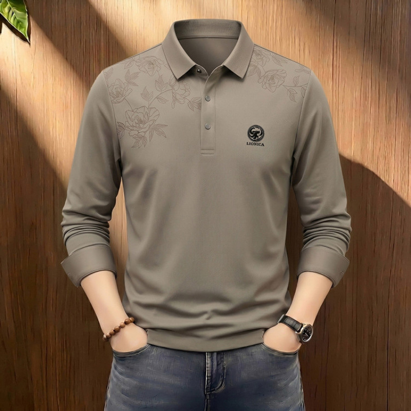 2026 Autumn Men's Turn-down Collar Long Sleeve Polo Shirt Casual Middle-aged Seamless Spandex Top T-shirt Dad's T-shirt