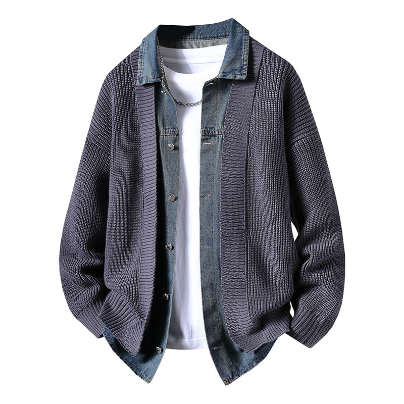 Denim Patchwork Faux Two-Piece Cardigan Sweater Jacket for Men, Autumn and Winter Design Knitwear, Casual Loose Knit Sweater Denim Patchwork Faux Two-Piece Cardigan Sweater Jacket for Men, Autumn and Winter Design Knitwear, Casual Loose Knit Sweater